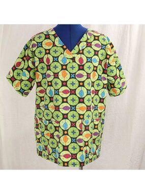 Scrub Top Womens M Mid Century Modern Green Boho Motif Print Medical Shirt VTG